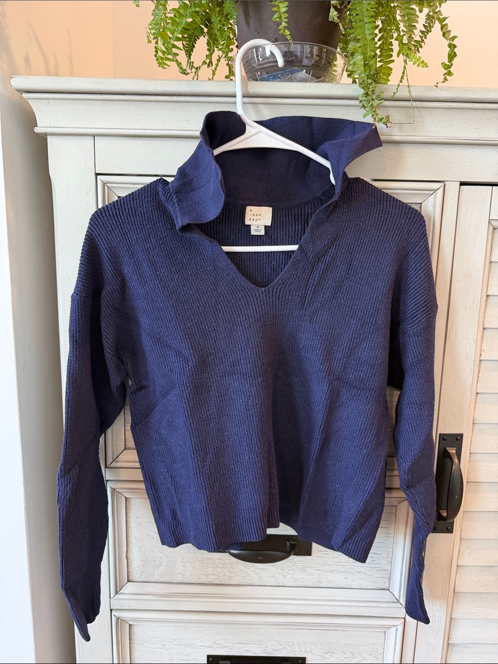 a new day Navy Ribbed V-Neck Cropped Sweater with Collar Size Small